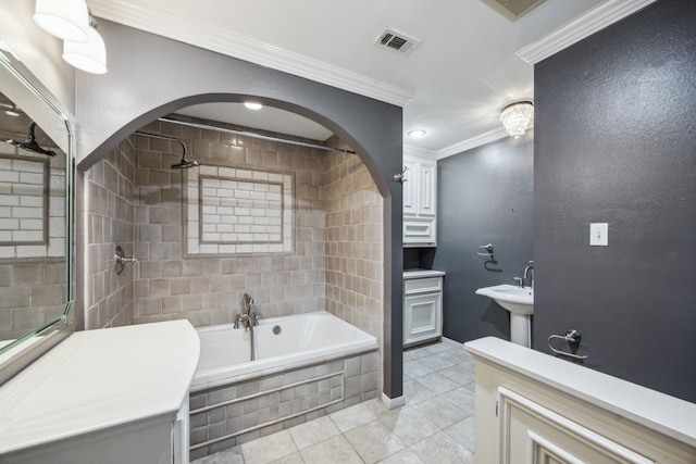 5659 Chevy Chase Dr, Houston, TX 77056 - bathroom with tile patterned flooring, crown molding, and tiled shower / bath combo