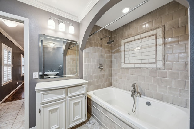 5659 Chevy Chase Dr, Houston, TX 77056 - full bath with crown molding, vanity, tiled shower / bath combo, and tile patterned flooring
