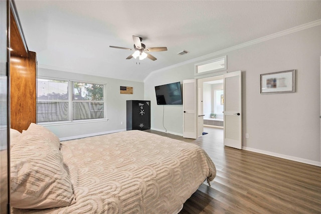 20315 Maple Village Dr, Cypress, TX 77433 - bedroom with ornamental molding, wood finished floors, vaulted ceiling, and ceiling fan