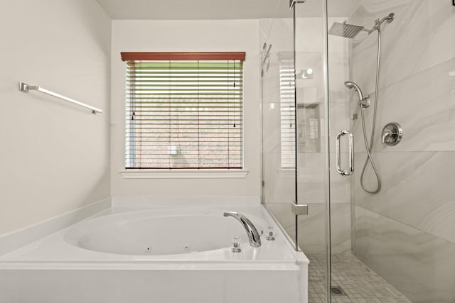 16210 Bloom Meadow Trl, Cypress, TX 77433 - bathroom with a stall shower, a jetted tub, and plenty of natural light