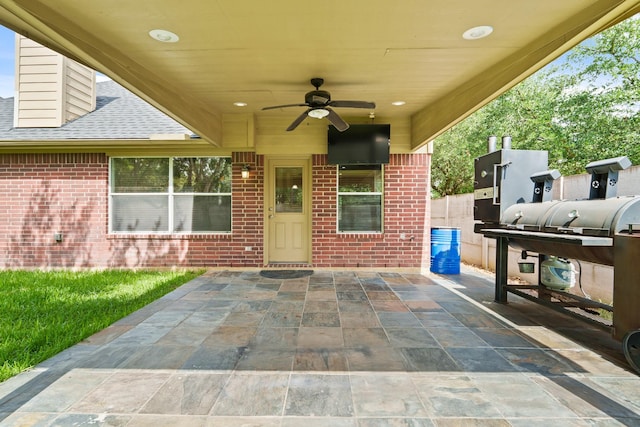 16210 Bloom Meadow Trl, Cypress, TX 77433 - view of patio / terrace with a ceiling fan and grilling area