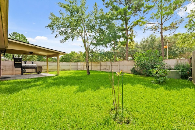 16210 Bloom Meadow Trl, Cypress, TX 77433 - fenced backyard with ceiling fan and a patio