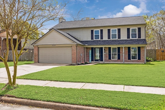 2310 Parkview Dr, Pearland, TX 77581 - traditional home with concrete driveway, an attached garage, a chimney, brick siding, and a porch
