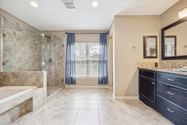 2310 Parkview Dr, Pearland, TX 77581 - bathroom with a bath, vanity, a shower stall, tile patterned floors, and recessed lighting