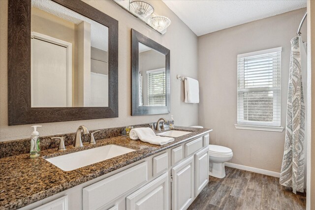2310 Parkview Dr, Pearland, TX 77581 - bathroom featuring double vanity, wood finished floors, and a shower with curtain
