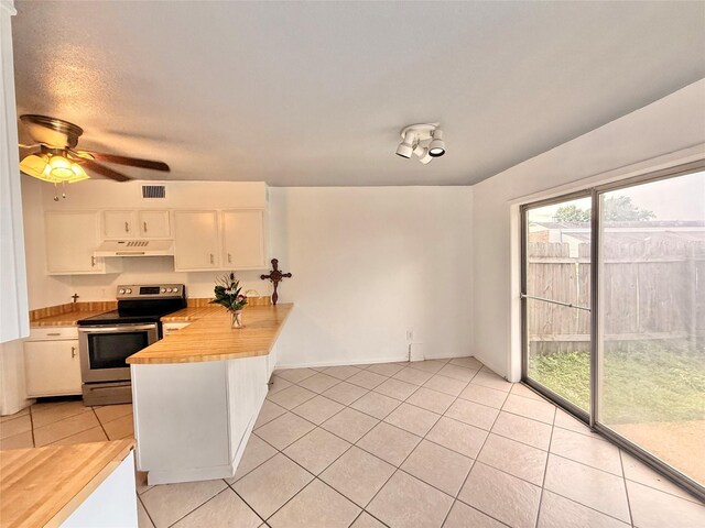 5915 Fairmeadow Dr, Beaumont, TX 77707 - kitchen with electric range, under cabinet range hood, a peninsula, white cabinetry, and light tile patterned flooring