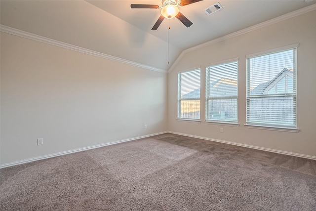 1111 Teamriddle Way, Richmond, TX 77406 - spare room featuring a ceiling fan, dark carpet, lofted ceiling, and crown molding