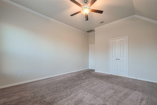 1111 Teamriddle Way, Richmond, TX 77406 - spare room with a ceiling fan, carpet floors, ornamental molding, and lofted ceiling