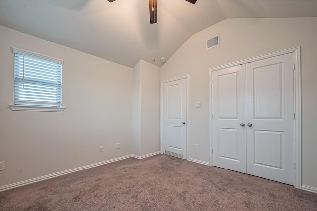 1111 Teamriddle Way, Richmond, TX 77406 - unfurnished bedroom with lofted ceiling, carpet flooring, a closet, and ceiling fan