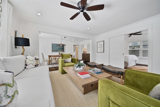 604 E 10th 1/2 St, Houston, TX 77008 - living room featuring a ceiling fan, ornamental molding, and recessed lighting