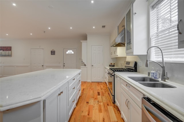 4400 Edith St, Bellaire, TX 77401 - kitchen featuring appliances with stainless steel finishes, under cabinet range hood, white cabinets, light wood-style flooring, and glass insert cabinets