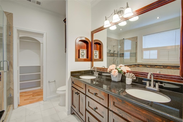4400 Edith St, Bellaire, TX 77401 - full bathroom with a stall shower, double vanity, crown molding, marble look tile flooring, and a chandelier