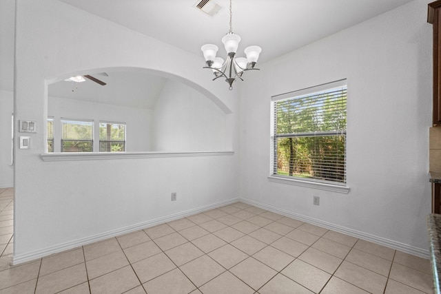 22303 Mosshall Ct, Tomball, TX 77375 - unfurnished room with ceiling fan, a chandelier, and arched walkways
