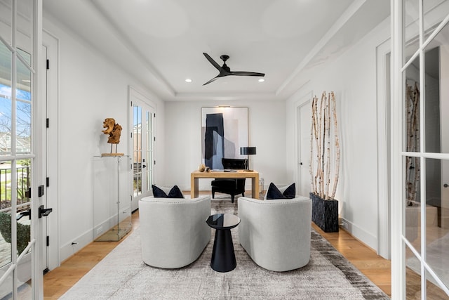 4902 Oak Forest Dr, Houston, TX 77018 - sitting room featuring light wood-style flooring, an office area, ceiling fan, recessed lighting, and french doors