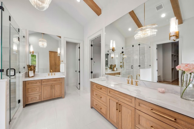4902 Oak Forest Dr, Houston, TX 77018 - full bath featuring two vanities, a shower stall, a chandelier, and recessed lighting