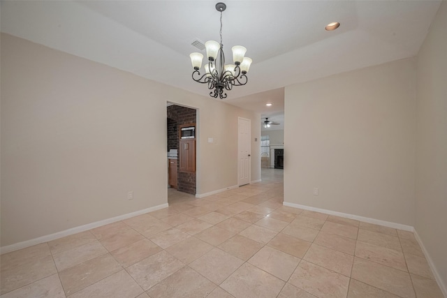 21319 Park Mill Dr, Katy, TX 77450 - empty room with a chandelier, light tile patterned floors, a fireplace, recessed lighting, and ceiling fan