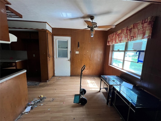 3709 Kettering Ave, Bay City, TX 77414 - kitchen with a ceiling fan, light wood-style flooring, and wooden walls