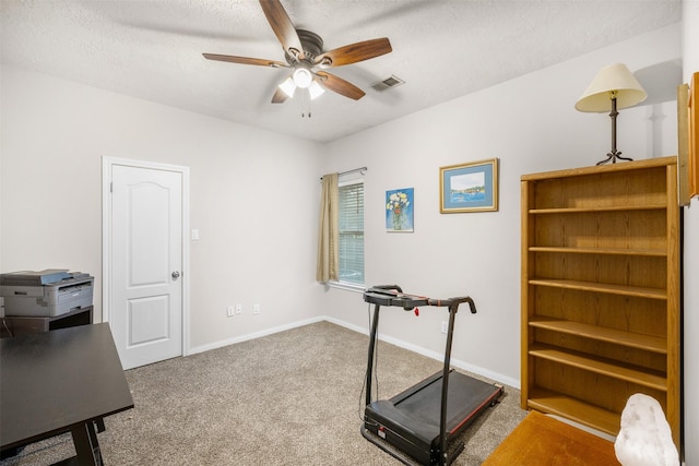 24418 Okehampton Dr, Tomball, TX 77375 - office space featuring ceiling fan, carpet, and a textured ceiling
