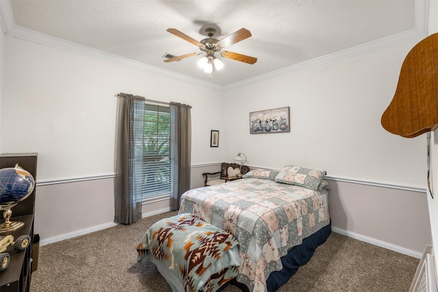 24418 Okehampton Dr, Tomball, TX 77375 - carpeted bedroom with ornamental molding, ceiling fan, and a textured ceiling