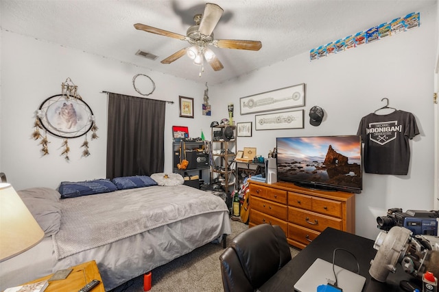 24418 Okehampton Dr, Tomball, TX 77375 - bedroom with carpet flooring, a ceiling fan, and a textured ceiling