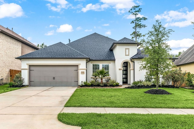 27688 Vivace Dr, Spring, TX 77386 - french country style house featuring stucco siding, an attached garage, a shingled roof, a front lawn, and driveway