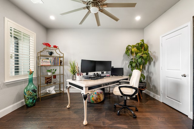 27688 Vivace Dr, Spring, TX 77386 - office area featuring a ceiling fan, recessed lighting, and wood finished floors