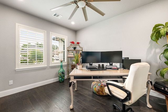 27688 Vivace Dr, Spring, TX 77386 - office with a ceiling fan, dark wood-style floors, and recessed lighting