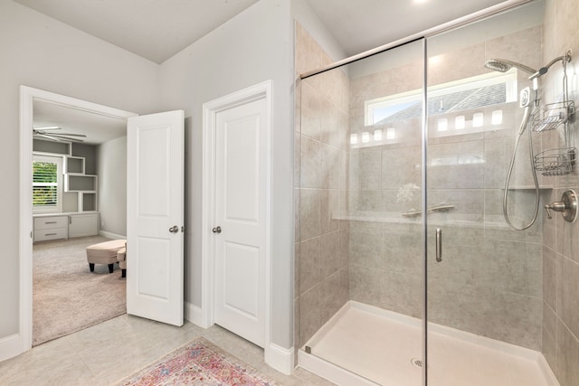 27688 Vivace Dr, Spring, TX 77386 - full bathroom featuring a shower stall and a ceiling fan