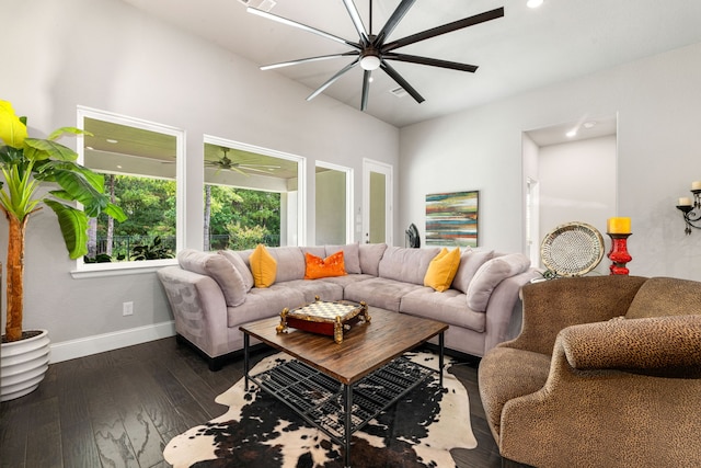 27688 Vivace Dr, Spring, TX 77386 - living area with a ceiling fan, dark wood-style flooring, and recessed lighting