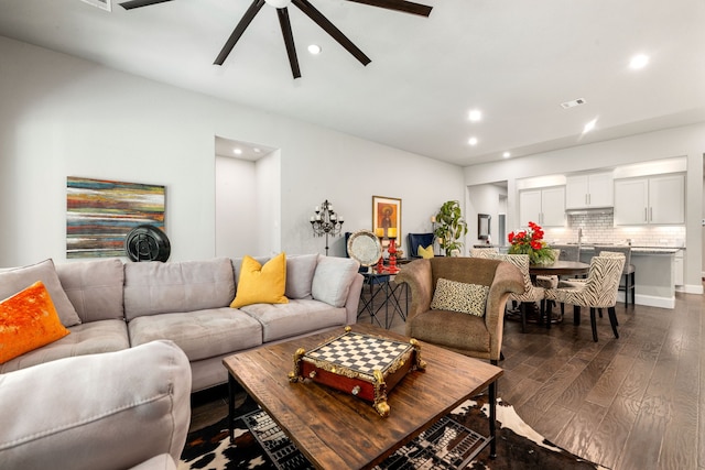 27688 Vivace Dr, Spring, TX 77386 - living room featuring dark wood-style floors, a ceiling fan, and recessed lighting