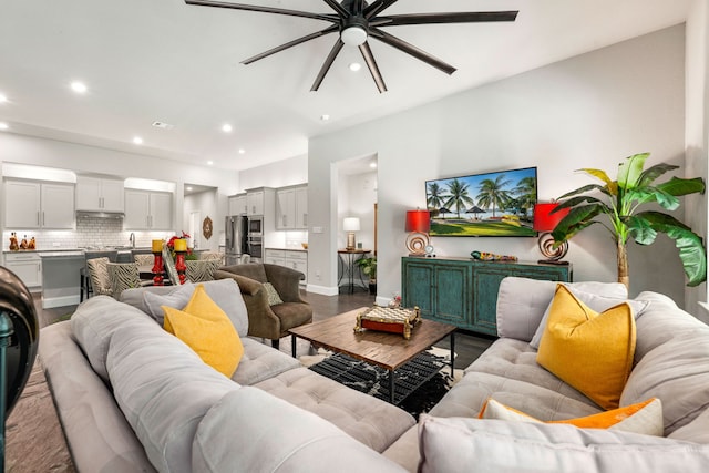 27688 Vivace Dr, Spring, TX 77386 - living area featuring a ceiling fan, recessed lighting, and wood finished floors
