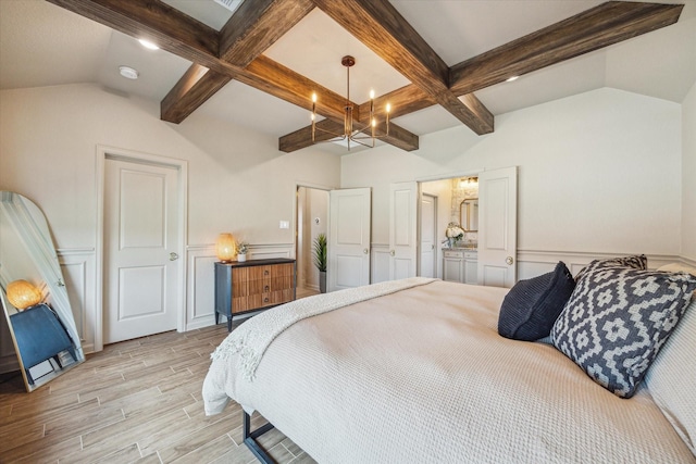 7203 Mayapple Grove Ln, Katy, TX 77493 - bedroom with a chandelier, wood finish floors, coffered ceiling, and a wainscoted wall