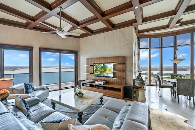 4821 Nasa Pkwy Unit 18W, Seabrook, TX 77586 - living room with coffered ceiling, beamed ceiling, a water view, light tile patterned floors, and ceiling fan