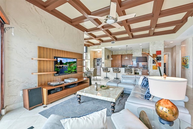 4821 Nasa Pkwy Unit 18W, Seabrook, TX 77586 - living room featuring ceiling fan, coffered ceiling, beamed ceiling, and light tile patterned floors