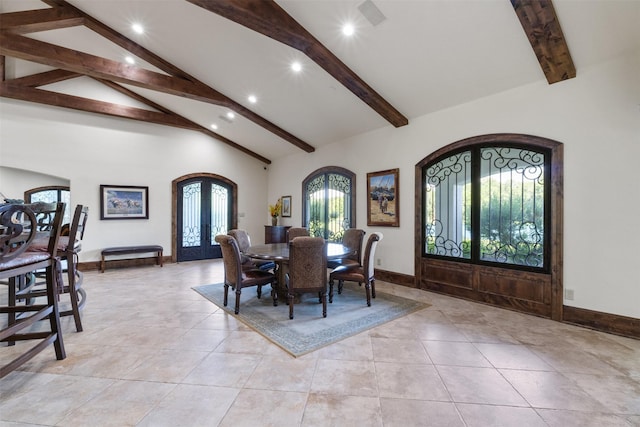 19216 Fm 442nd Rd, Needville, TX 77461 - dining space featuring recessed lighting, beam ceiling, french doors, high vaulted ceiling, and light tile patterned floors