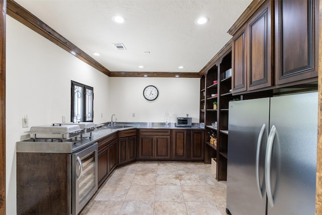 19216 Fm 442nd Rd, Needville, TX 77461 - kitchen featuring freestanding refrigerator, open shelves, wine cooler, crown molding, and dark brown cabinets