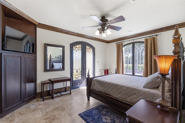 19216 Fm 442nd Rd, Needville, TX 77461 - bedroom with access to outside, crown molding, french doors, light tile patterned flooring, and arched walkways