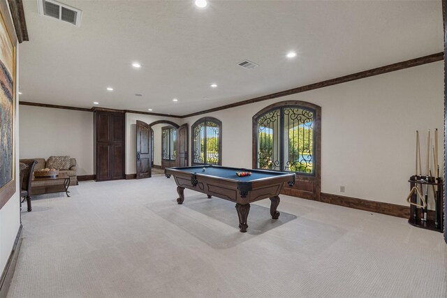 19216 Fm 442nd Rd, Needville, TX 77461 - recreation room featuring crown molding, arched walkways, light carpet, recessed lighting, and billiards table