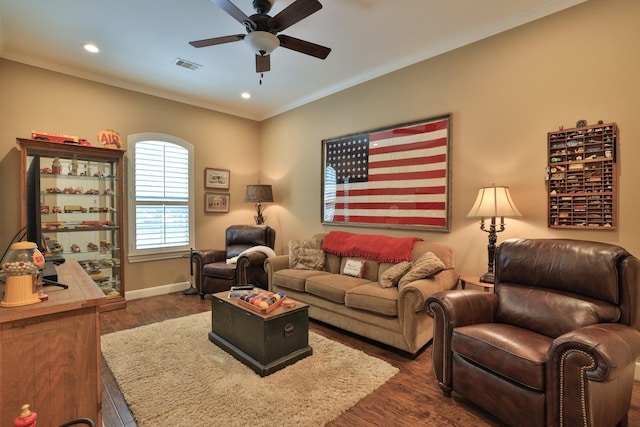 16338 Acapulco Dr, Jersey Village, TX 77040 - living room featuring ceiling fan, dark wood-style floors, crown molding, and recessed lighting