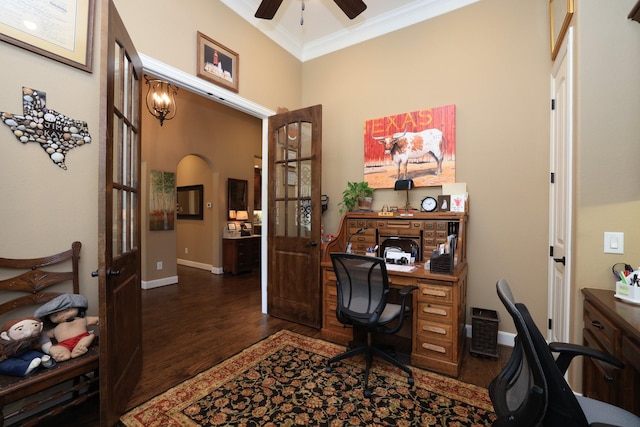 16338 Acapulco Dr, Jersey Village, TX 77040 - office with wood finished floors, ornamental molding, a ceiling fan, and arched walkways