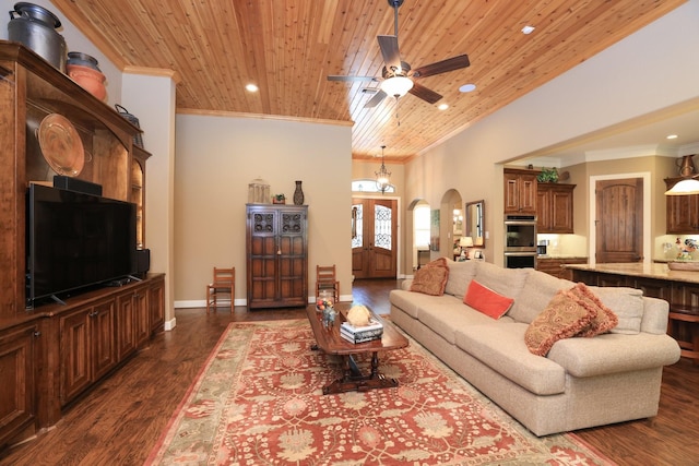 16338 Acapulco Dr, Jersey Village, TX 77040 - living room featuring arched walkways, dark wood-style flooring, wooden ceiling, recessed lighting, and crown molding