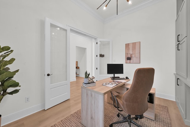 5212 Liberty Cove Dr, Spring, TX 77386 - office with ornamental molding, a chandelier, and light wood-style floors