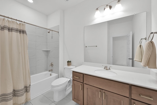 5212 Liberty Cove Dr, Spring, TX 77386 - bathroom featuring vanity, shower / bath combo with shower curtain, marble look tile flooring, and recessed lighting