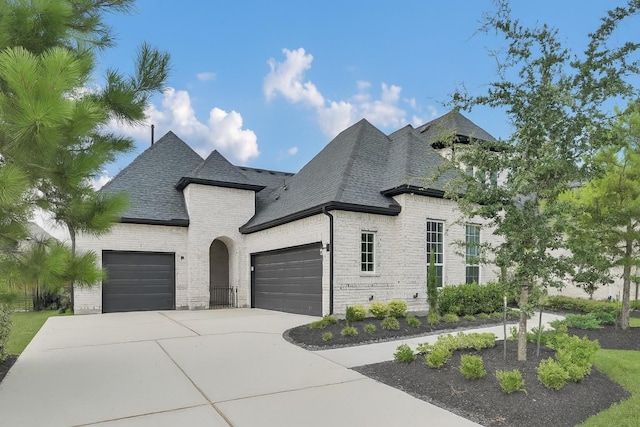 5212 Liberty Cove Dr, Spring, TX 77386 - french country inspired facade featuring an attached garage, a shingled roof, concrete driveway, and brick siding