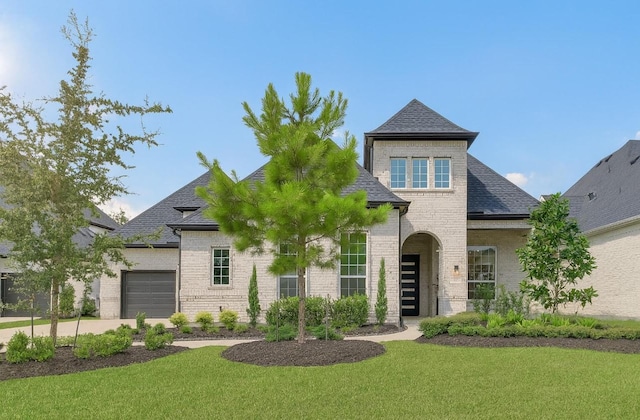 5212 Liberty Cove Dr, Spring, TX 77386 - french country home featuring brick siding, an attached garage, a front yard, and roof with shingles