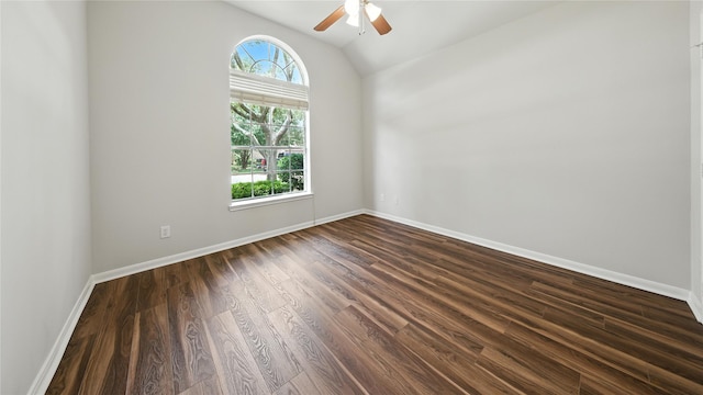 3119 Emory Oak Ln, Pearland, TX 77584 - empty room featuring a ceiling fan, dark wood-style floors, and lofted ceiling