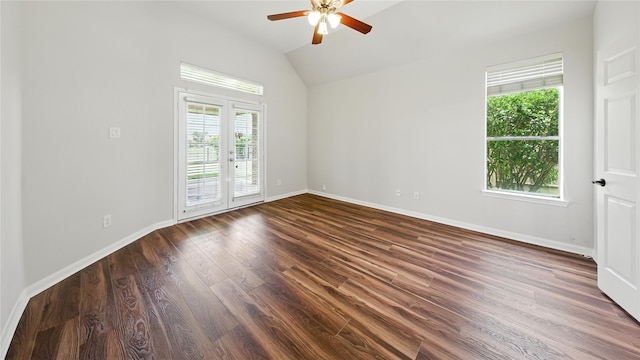 3119 Emory Oak Ln, Pearland, TX 77584 - spare room with ceiling fan, vaulted ceiling, and dark wood-type flooring