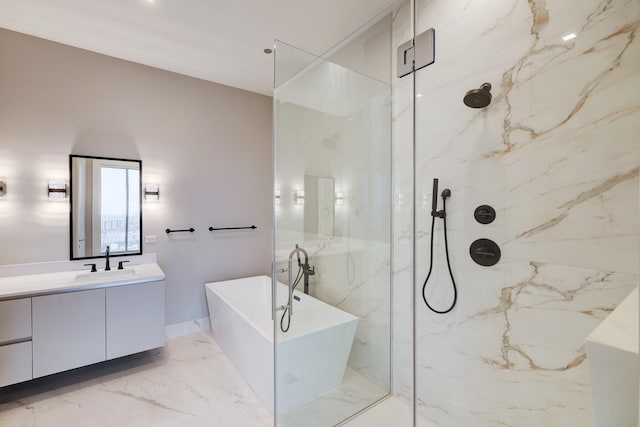 1711 Allen Pkwy Unit 2203, Houston, TX 77019 - full bath featuring vanity, a freestanding tub, a marble finish shower, and marble tiled floors
