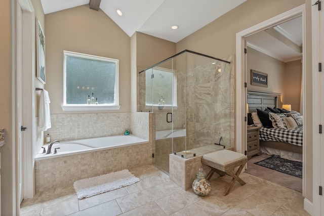 115 Dedication Trl, Huntsville, TX 77340 - full bath with a garden tub, ensuite bathroom, a shower stall, tile patterned floors, and recessed lighting