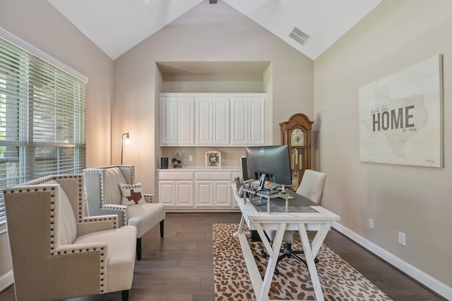 115 Dedication Trl, Huntsville, TX 77340 - office with high vaulted ceiling and dark wood-style flooring
